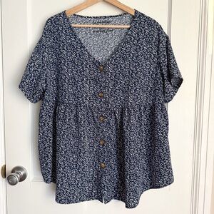 Floral Button-Up V-Neck Peplum Blouse